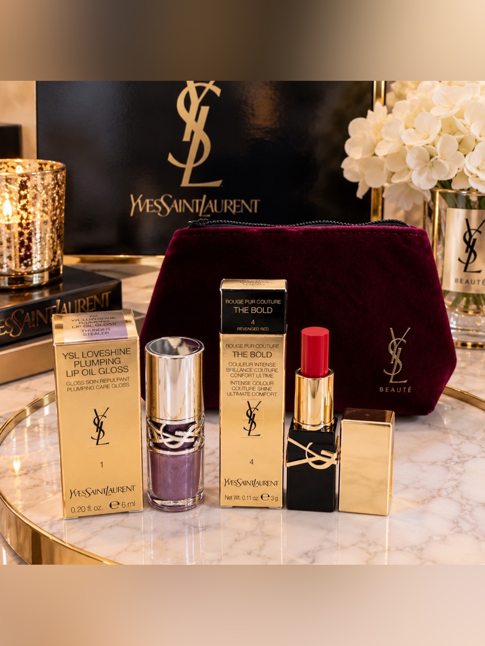 YSL Beauté Lipstick & Plumping Lip Oil Gloss + Velvet Bag BNWT